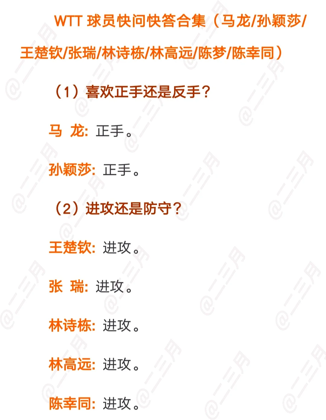 WTT国乒球员快问快答合集