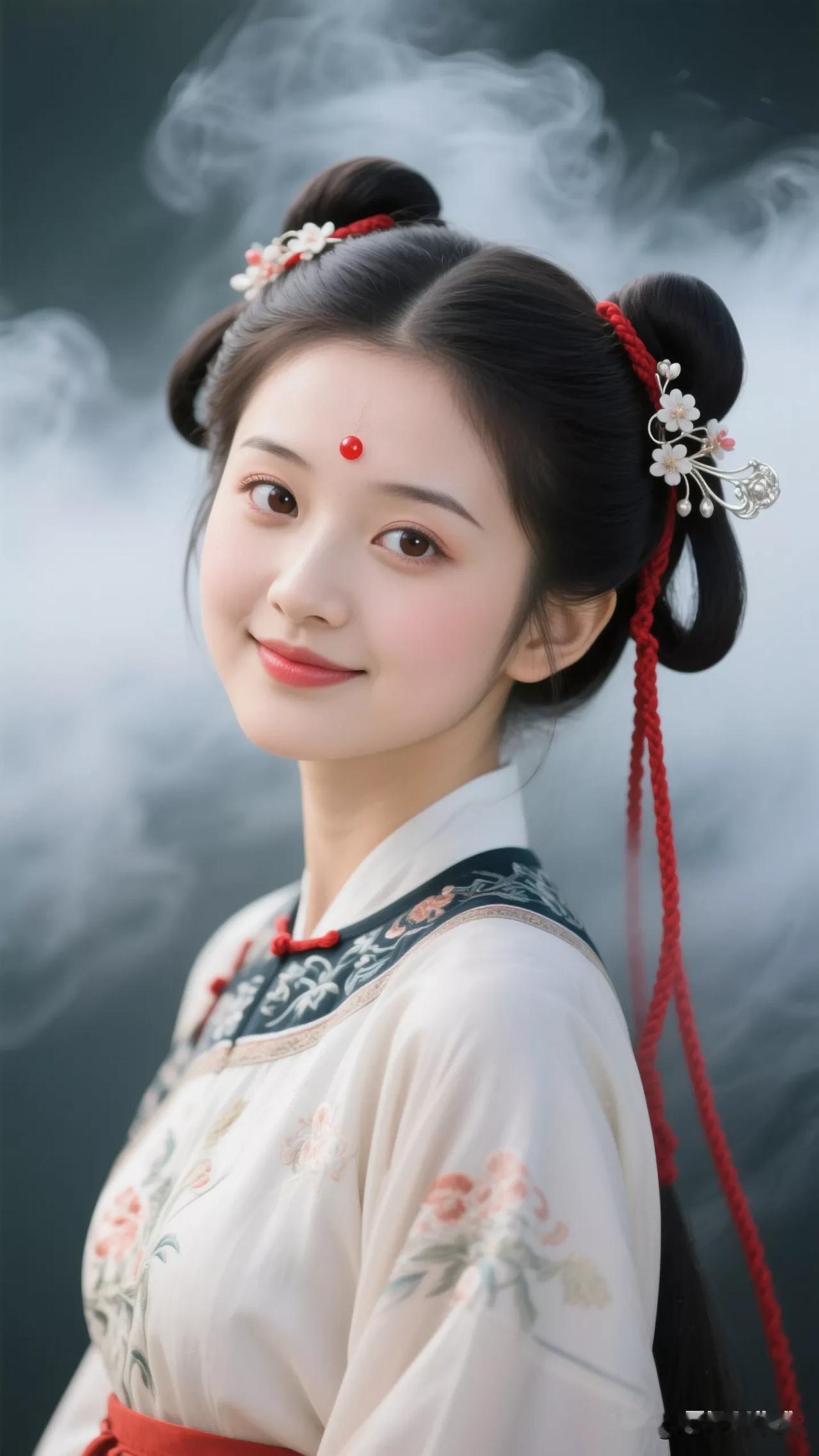 古风少女，红妆映笑颜，花间笑语间。张立启原创书画AI作品古仕女发髻服饰集锦第68