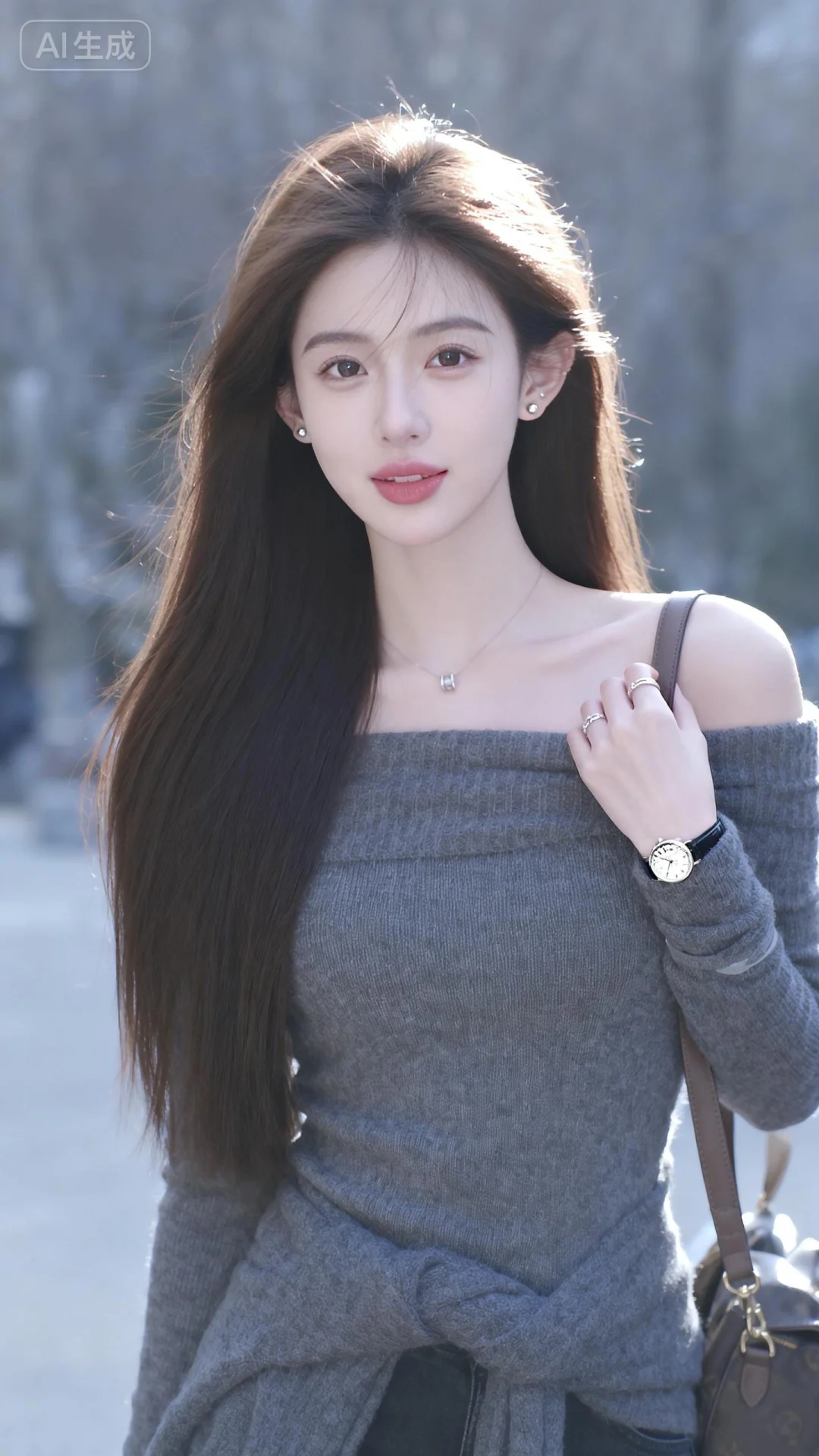 图片为梦幻朦胧感，环境为阴天，柔和的光线笼罩。室外，一位棕色长发及腰、模样可爱的