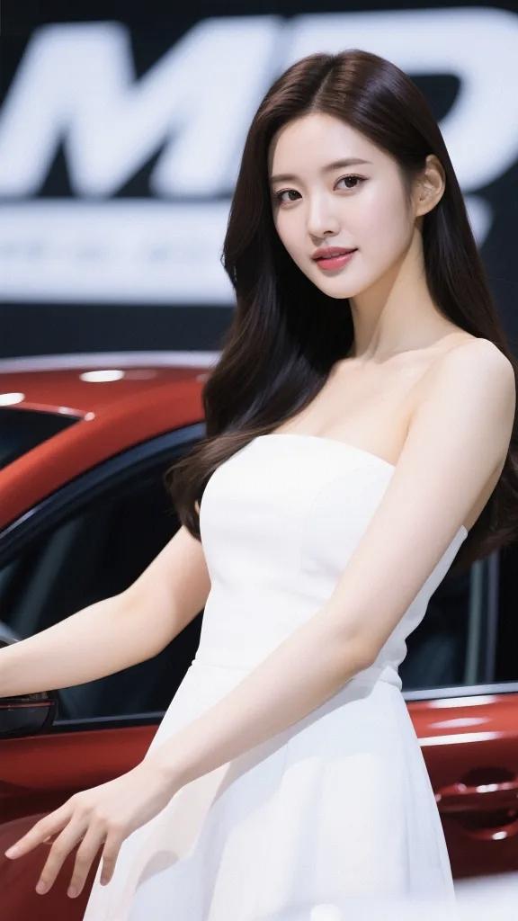 记录我的2026美女车模一袭白色礼服与红色豪车相伴，尽显时尚高端气质。