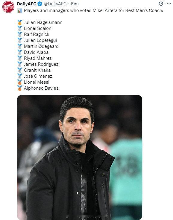 投票给阿尔特塔最佳男子教练的球员和教练 恩里克当选2025年度最佳教练 英超联赛