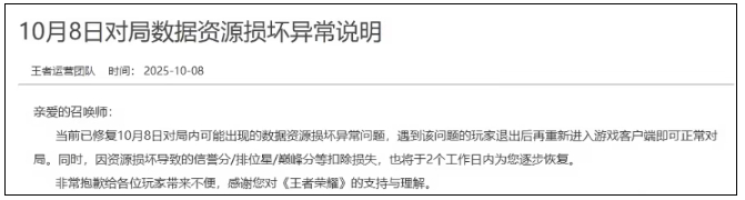【#王者荣耀官方运营团队致歉#：确认已修复异常问题并承诺恢复积分】10月8日，《