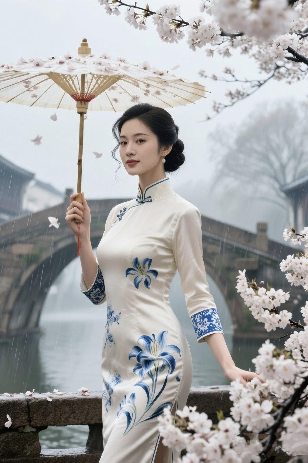 《雨巷青花》
 
雨湿了石桥，也湿了江南的烟
油纸伞轻旋，落满了樱的瓣
她立在栏