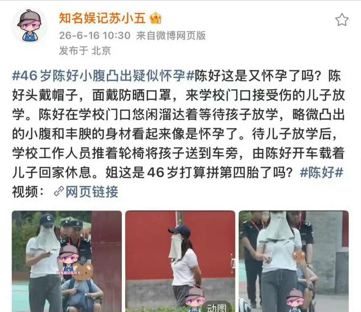 陈好疑似怀四胎 陈好都三个孩子的妈妈了，而且今年都47岁了，有点小肚子就造谣人家