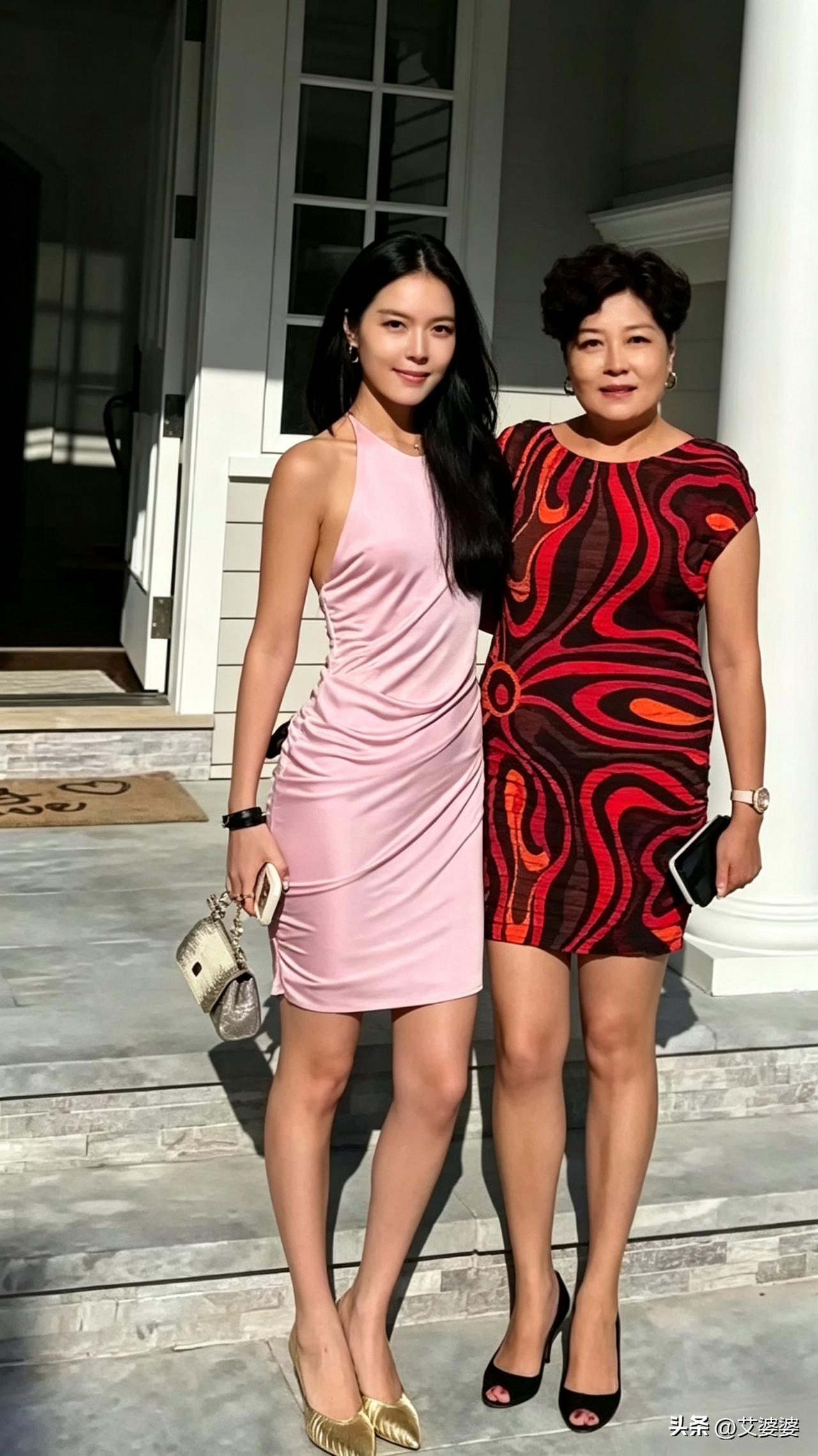 这是李咏的妻子哈文和女儿法图麦，在美国自家别墅前拍的合照。
小姑娘现在身高都一米