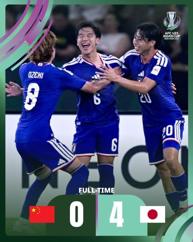 U23亚洲杯决赛，日本U23以4-0战胜中国男足U23，卫冕成功。日本U23也成