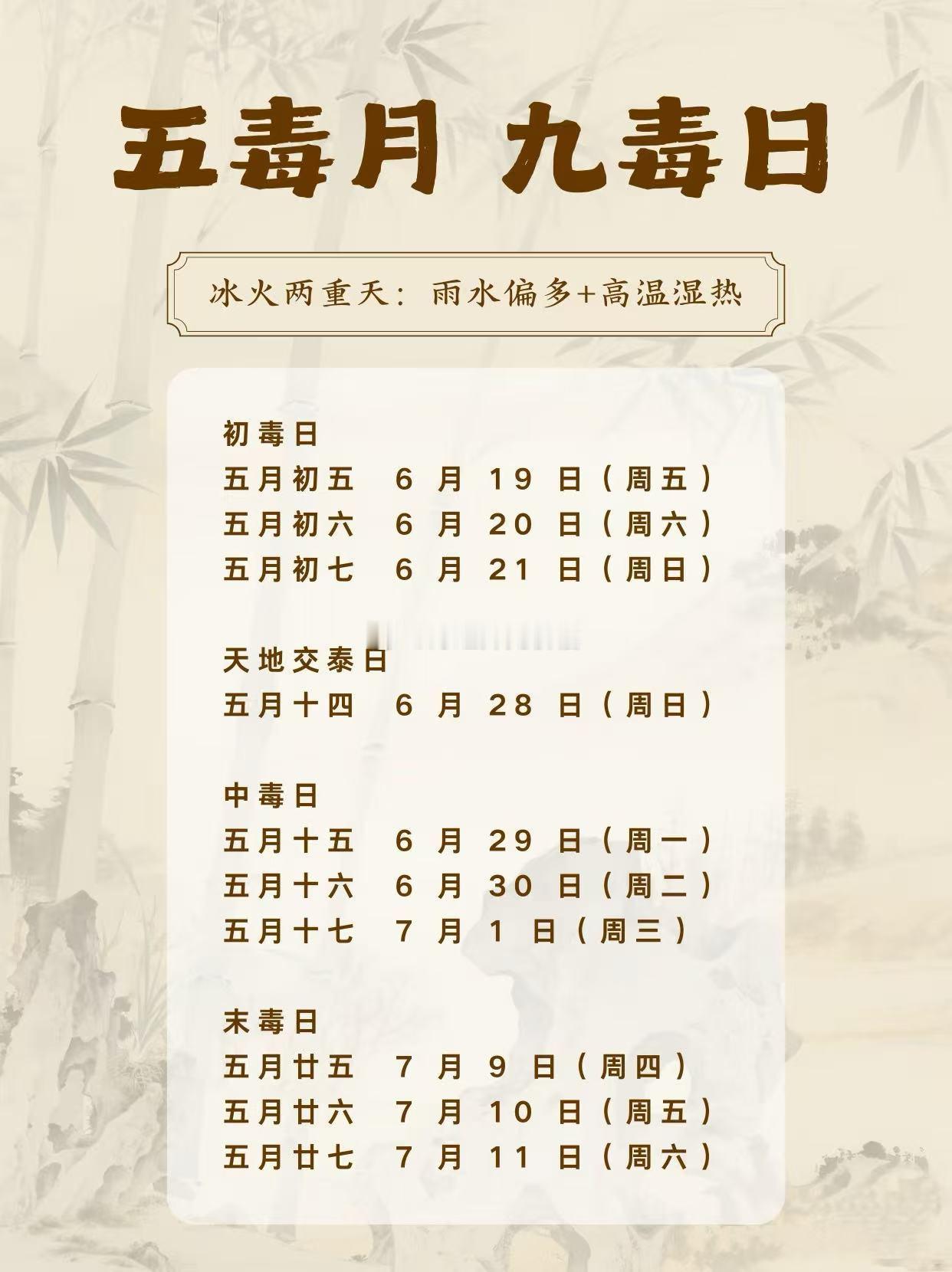 农历五月这九天被称为九毒日。对于这样的日子，民俗里普遍说它天地交争，浊秽丛生。那