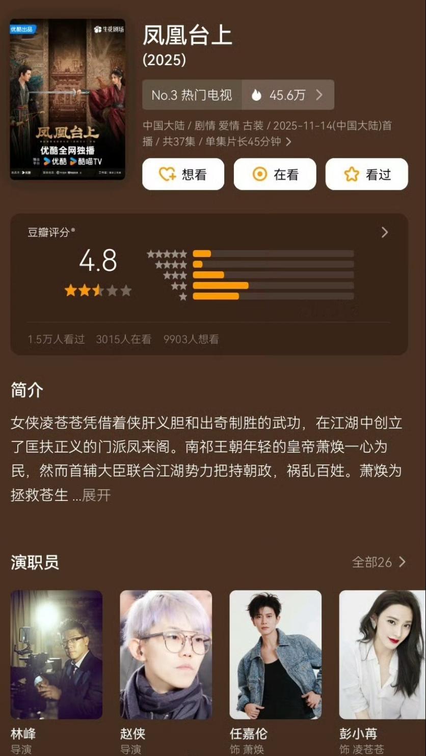 任嘉伦彭小苒凤凰台上db开分，1.6万人4.8分。 