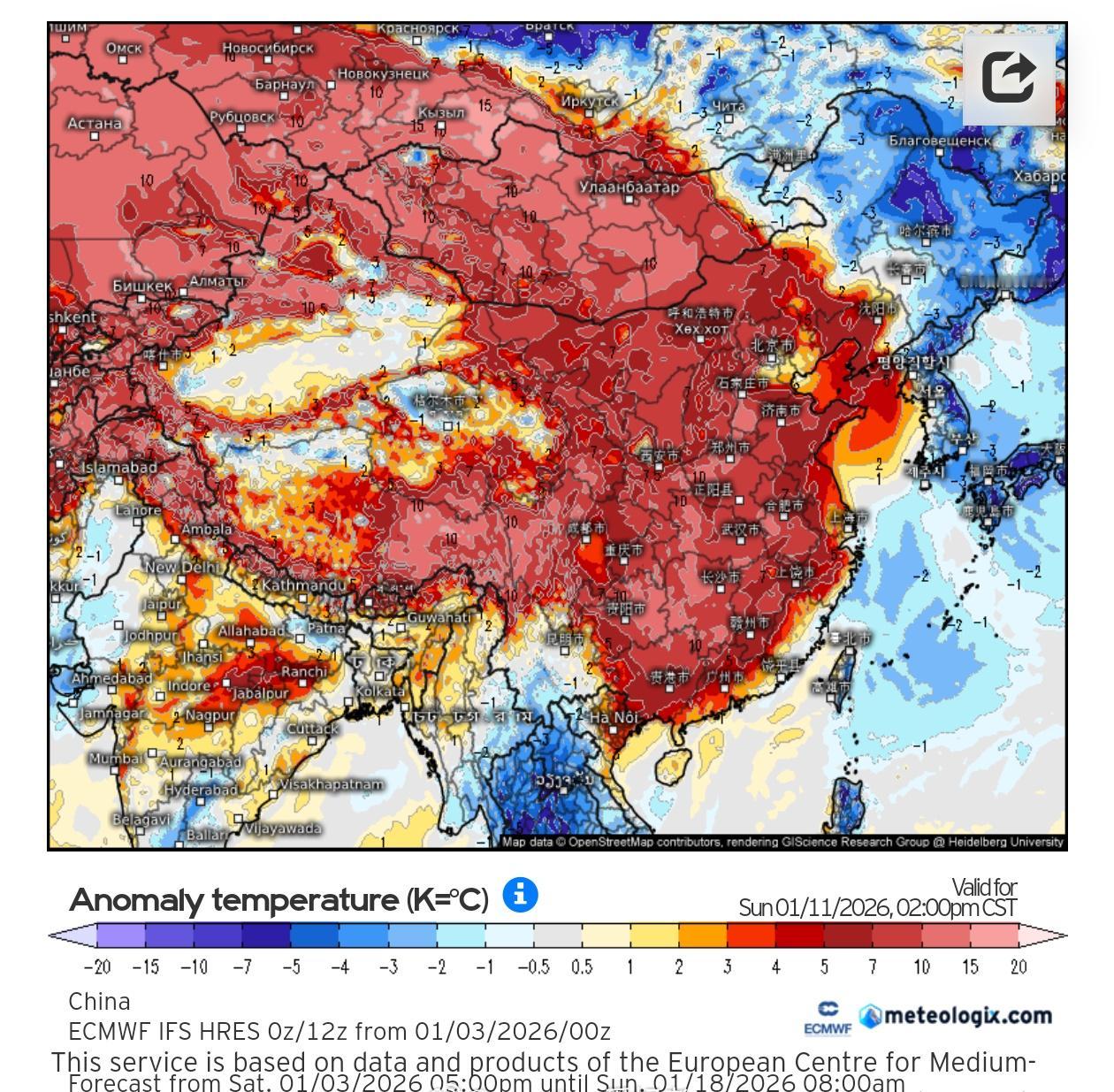 看来三九期间又要大暖了，没有强冷空气和寒潮影响我国，先大幅度偏暖，说不定后面就来
