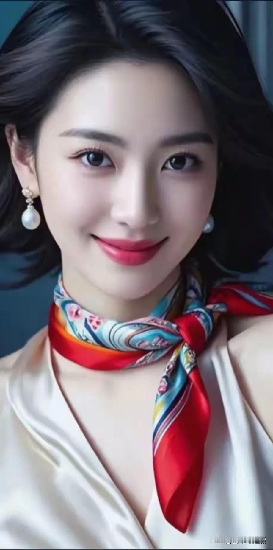 彩丝巾点缀，珍珠衬眉眼，优雅是历经时光沉淀的气质。
带蓝丝巾的少女 温婉可人丝巾