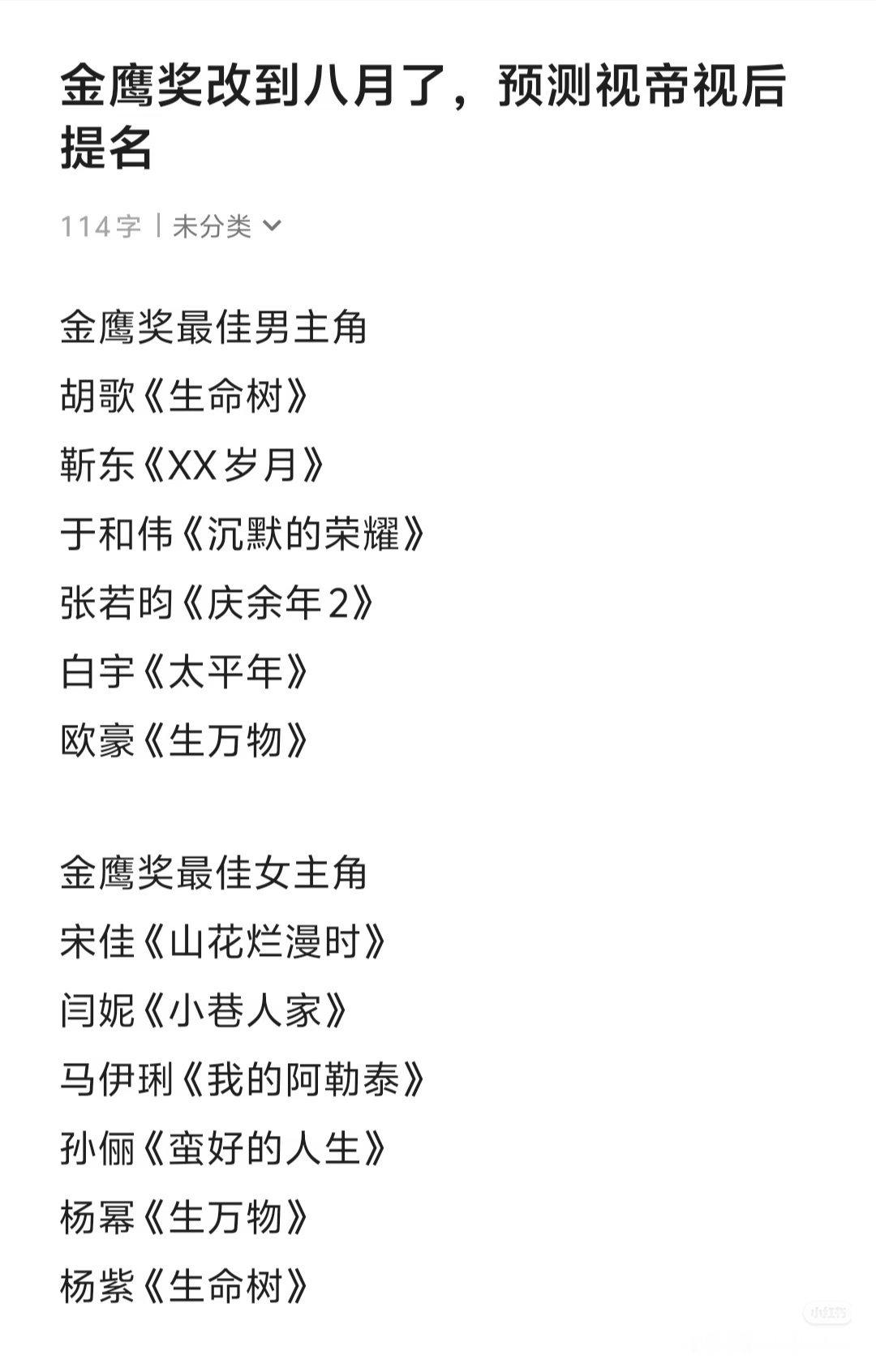 金鹰奖提名预测名单金鹰奖改到八月了，预测一下视帝视后提名金鹰奖最佳男主角提名胡歌
