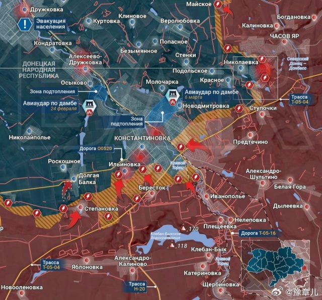 俄罗斯军队在康斯坦丁诺夫卡将乌克兰武装分部队“切成两半”。俄军突击部队从东侧进入