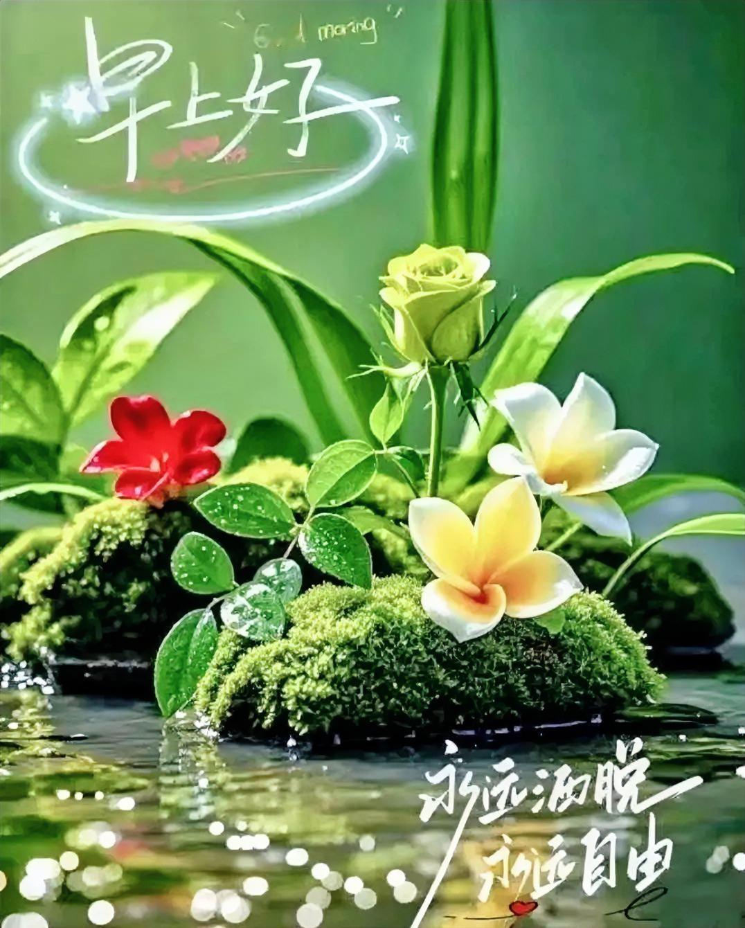 早上好呀！花儿在水中央自在绽放，永远洒脱，永远自由，今日份的治愈已送达～
