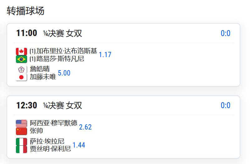 WTA500赛东京站，女双四分之一决赛，张帅/穆罕默德将对阵鲍里妮/埃拉尼；
