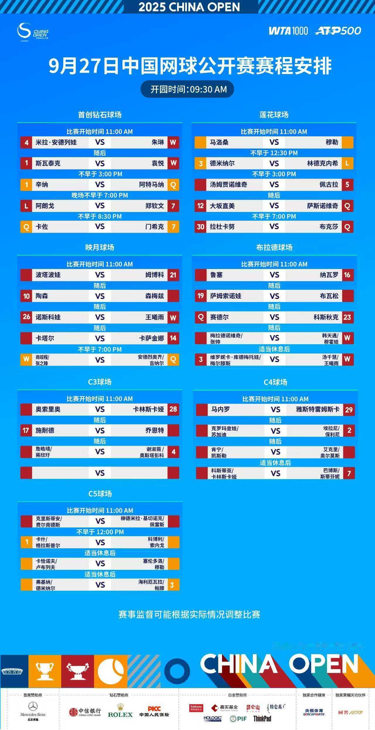 休息日中网中国球员观赛指南：钻石球场：11:00 安德列娃vs朱琳随后 斯瓦泰克