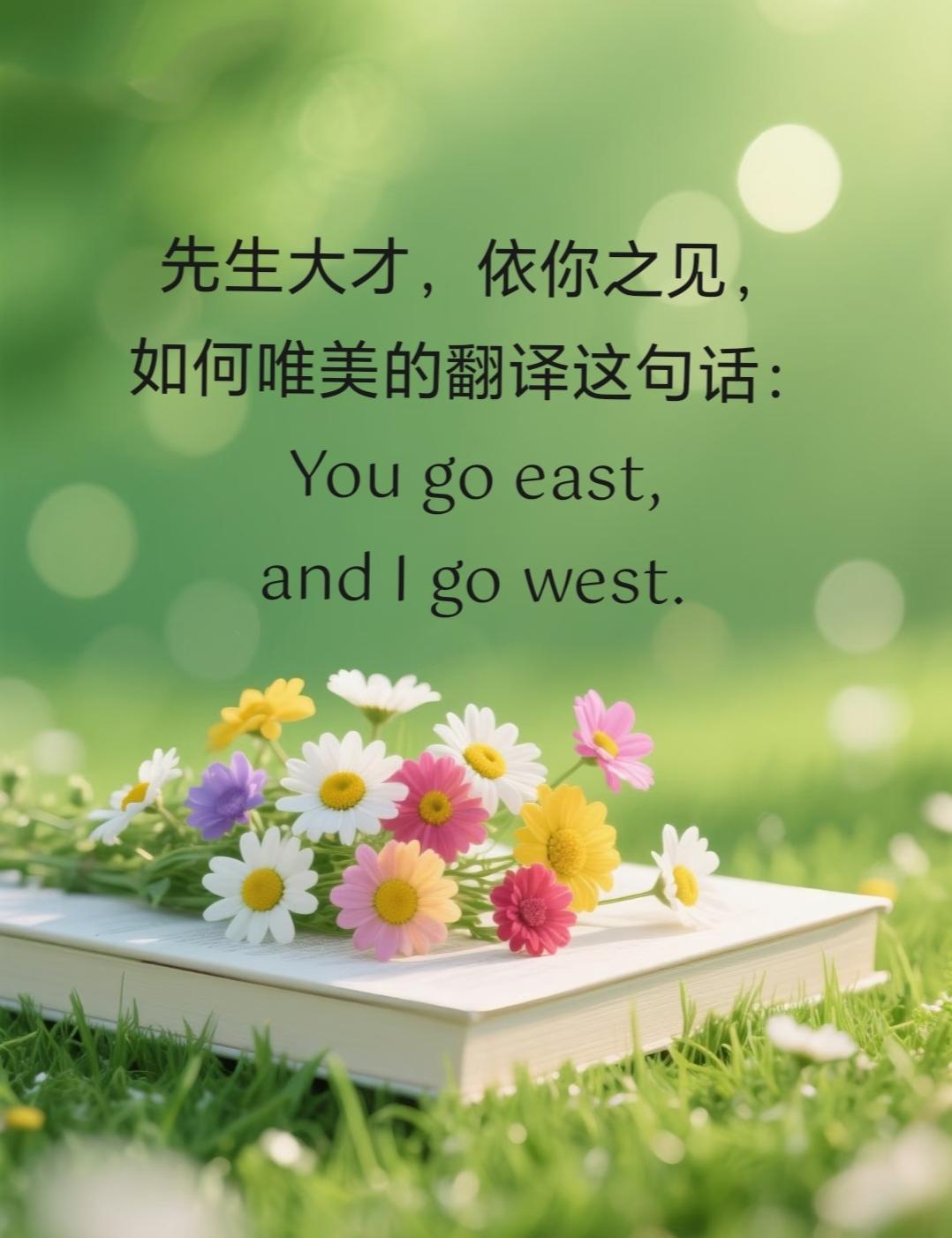 先生大才，依你之见，
如何唯美的翻译这句话：
You go east,and I