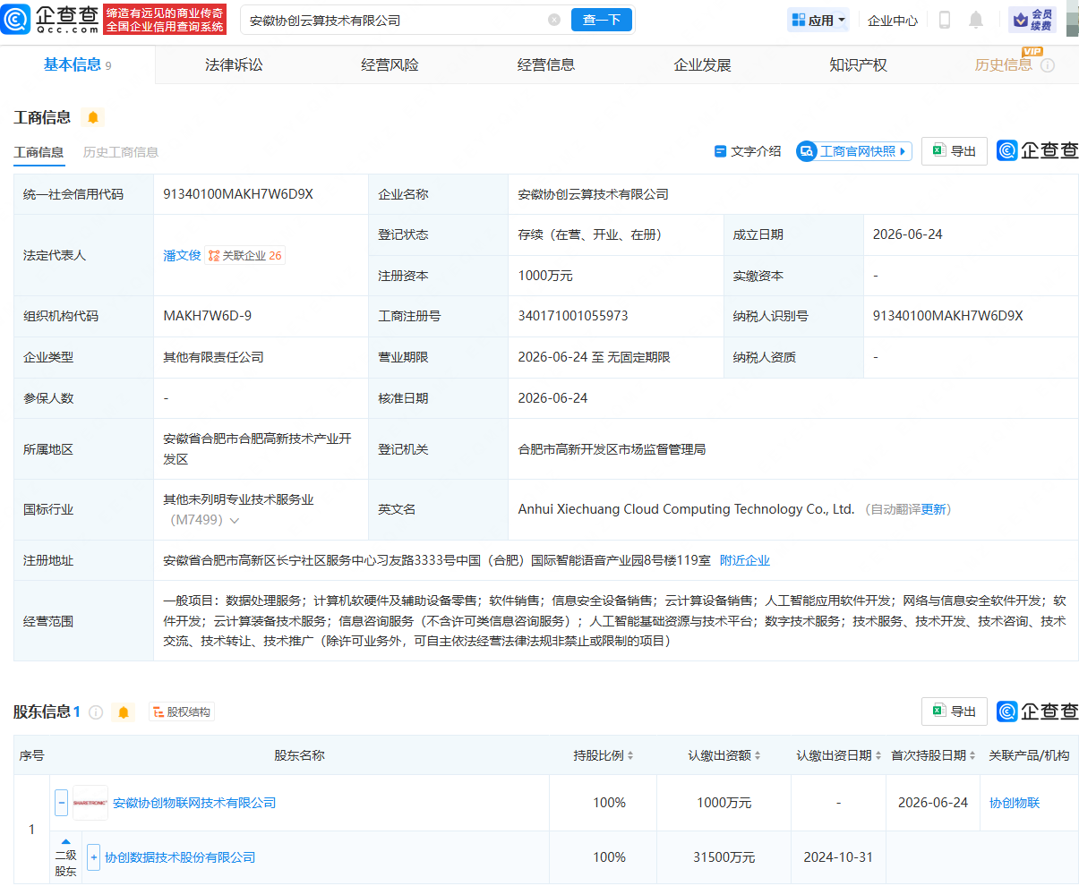 协创数据成立云算技术公司