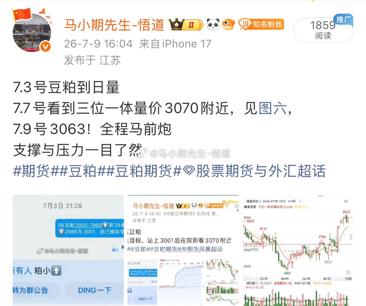 7.3豆粕多7.6号看到30707.13号最高达3100，迎来到三位一体量价周量