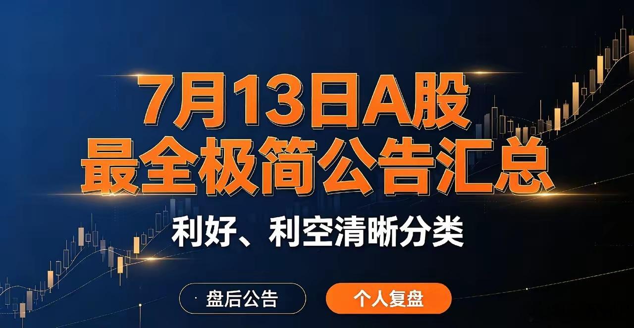 7月13日A股最全极简公告汇总，利好、利空清晰分类！一、今日利好公告1、业绩大幅