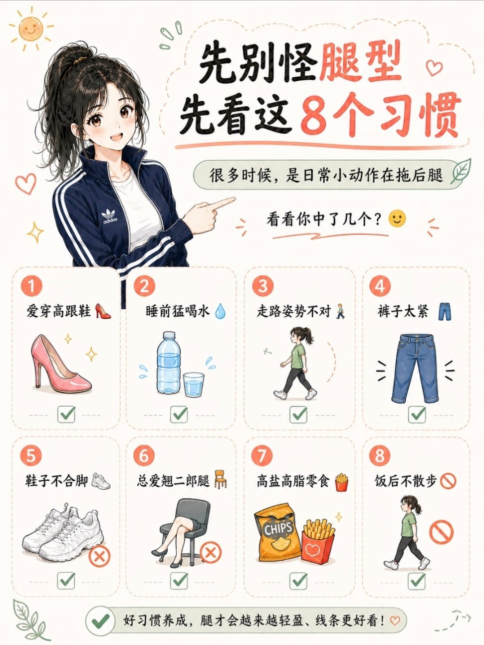 4个走路习惯让腿越走越粗用错误姿势走路，如踢着走、垫脚走、内外八等姿 势，腿的发