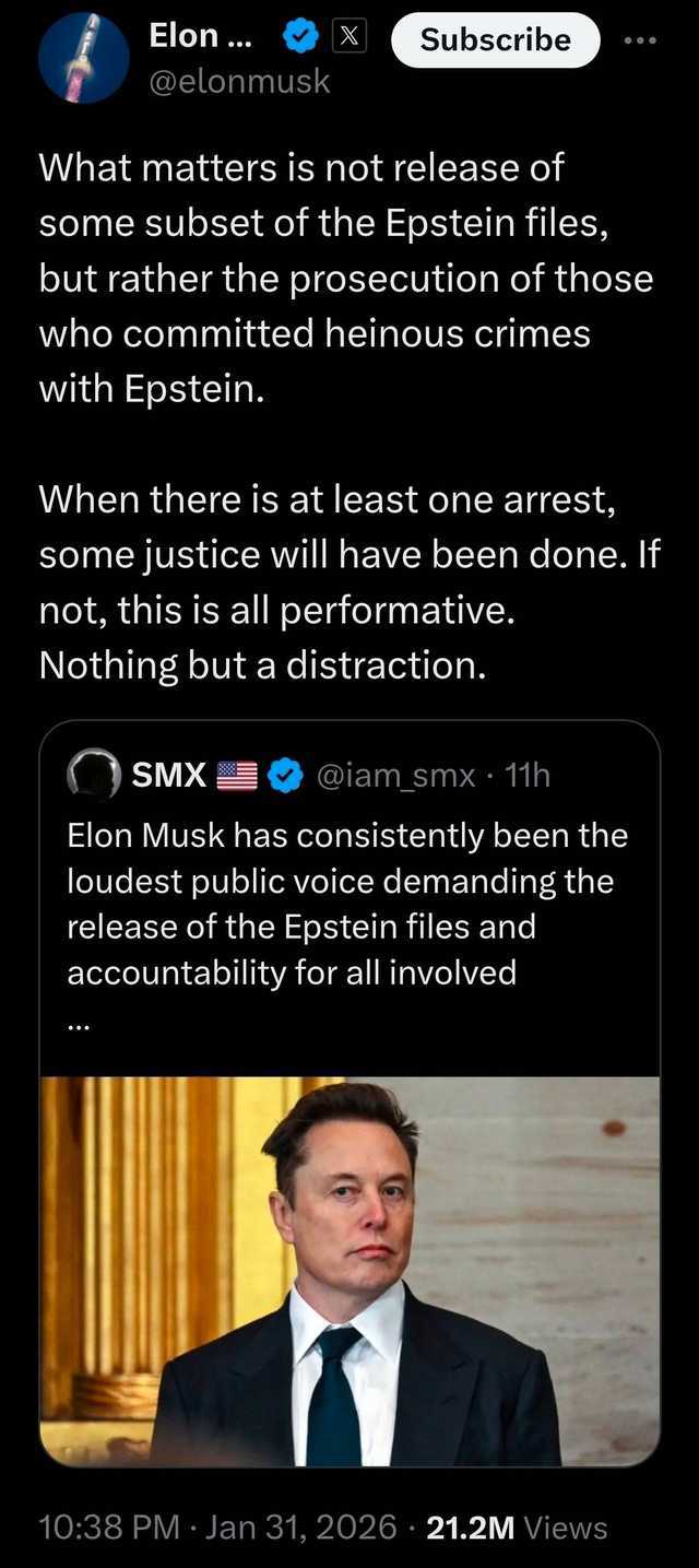 马斯克称：“那才是关键问题。爱泼斯坦和麦克斯韦因经营未成年性交易团伙而入狱。必须