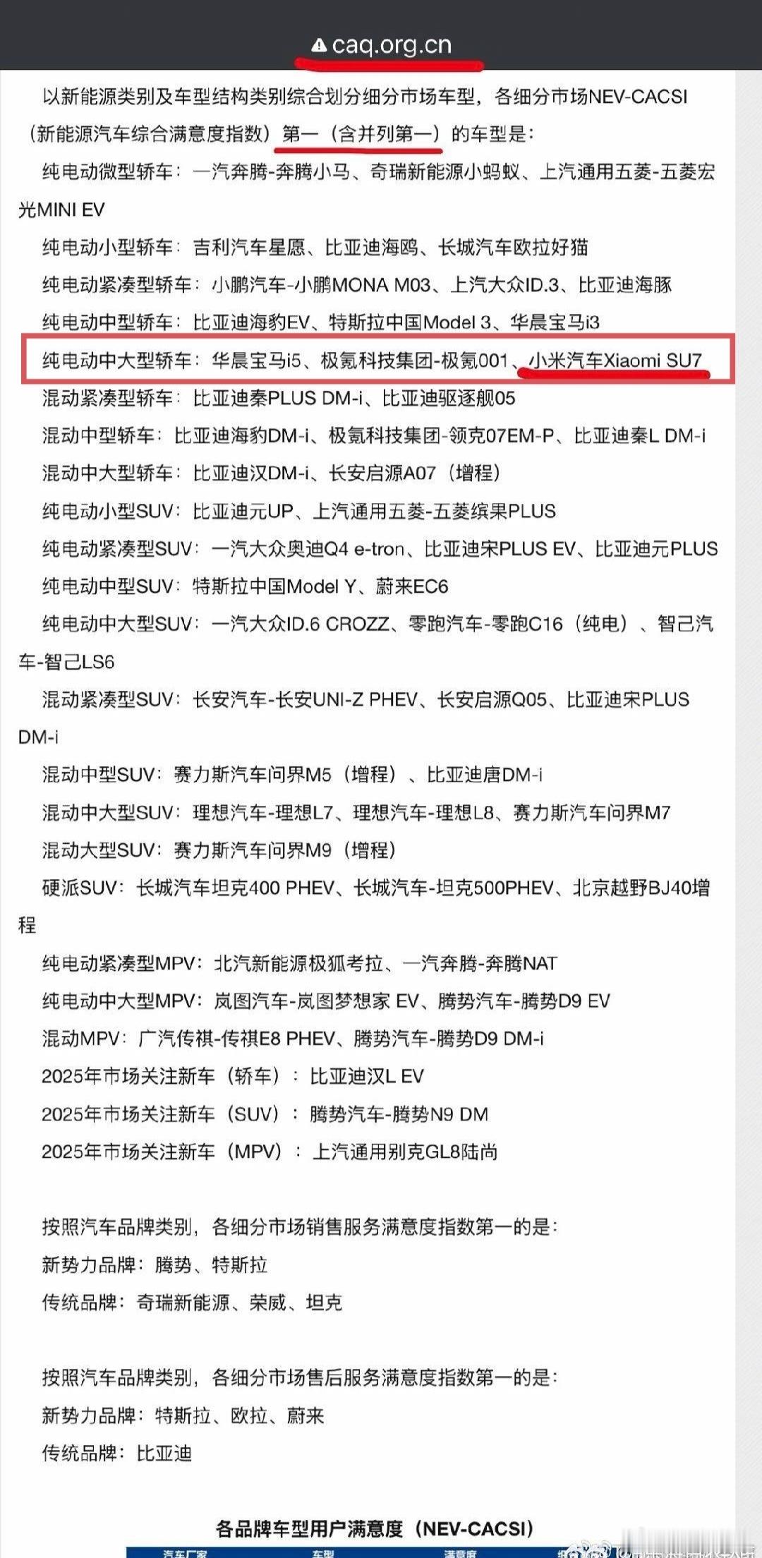 啊！原来在2025中国质量协会的新能源汽车用户满意度排名中，纯电动中大型轿车居然