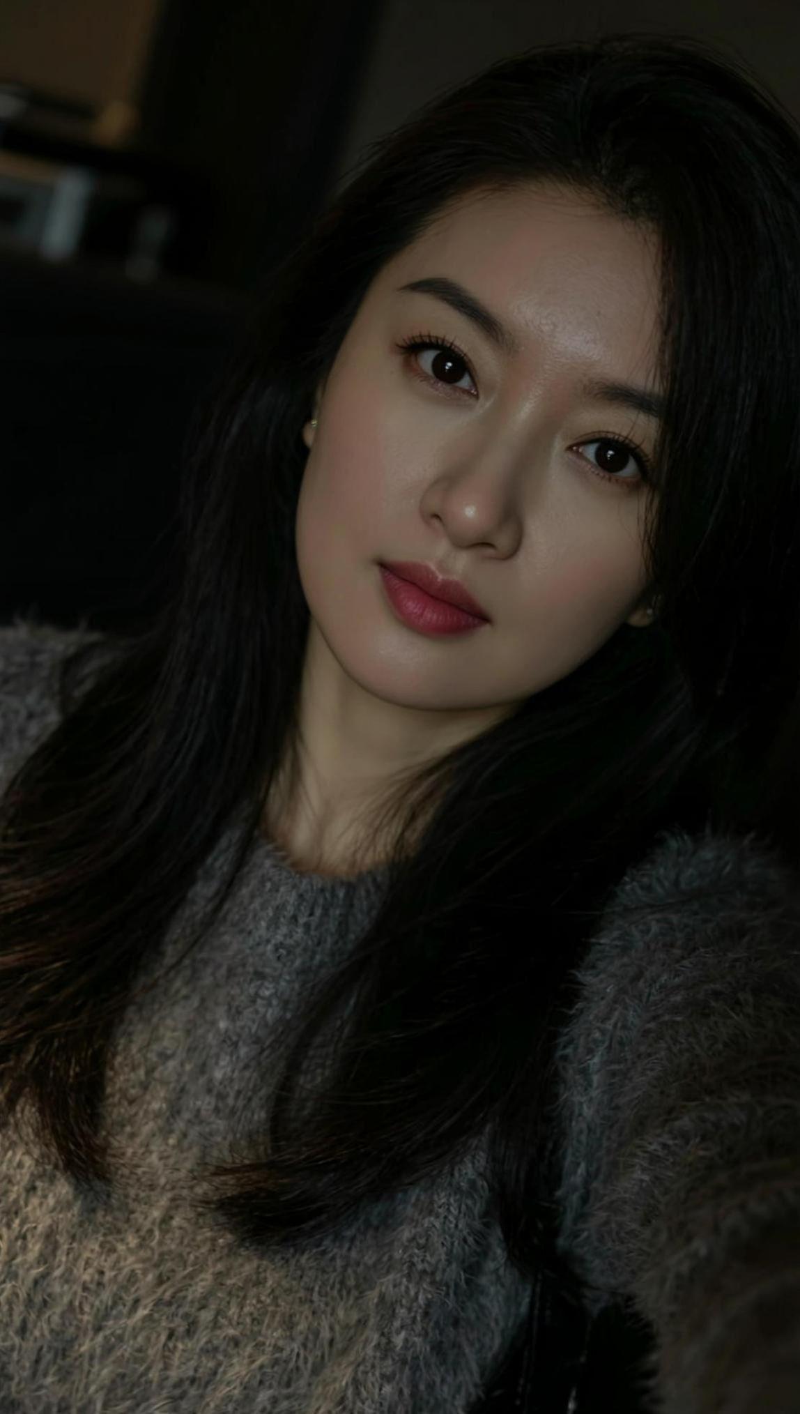 黑发如云，红唇似火。