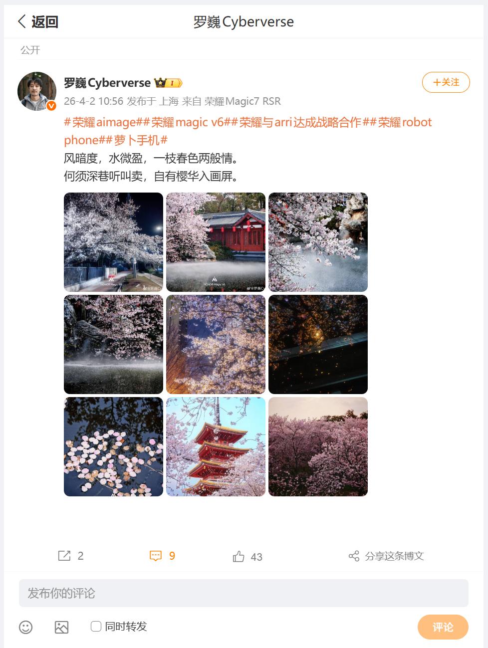 荣耀首席影像工程师罗巍，分享了一组利用荣耀Magic V6，拍摄的春色花海的靓照