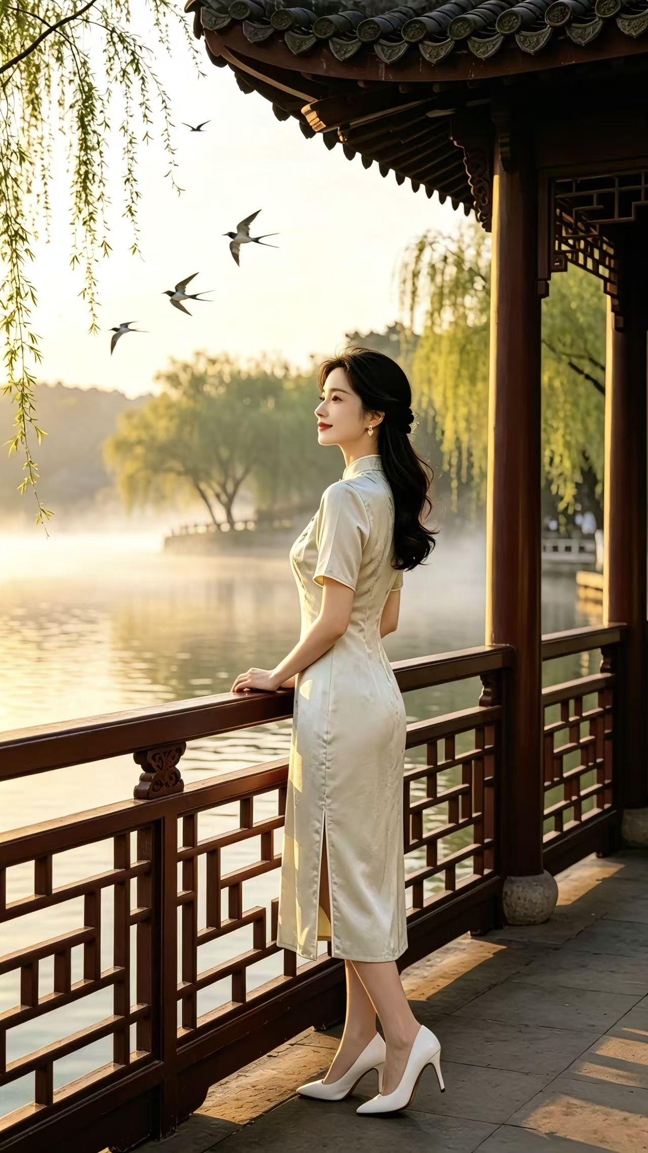 塞鸿秋·等候
春水漾波双燕掠，
长堤烟锁柳色青。
风牵柔丝摇碎翠，
落日铺霞满天