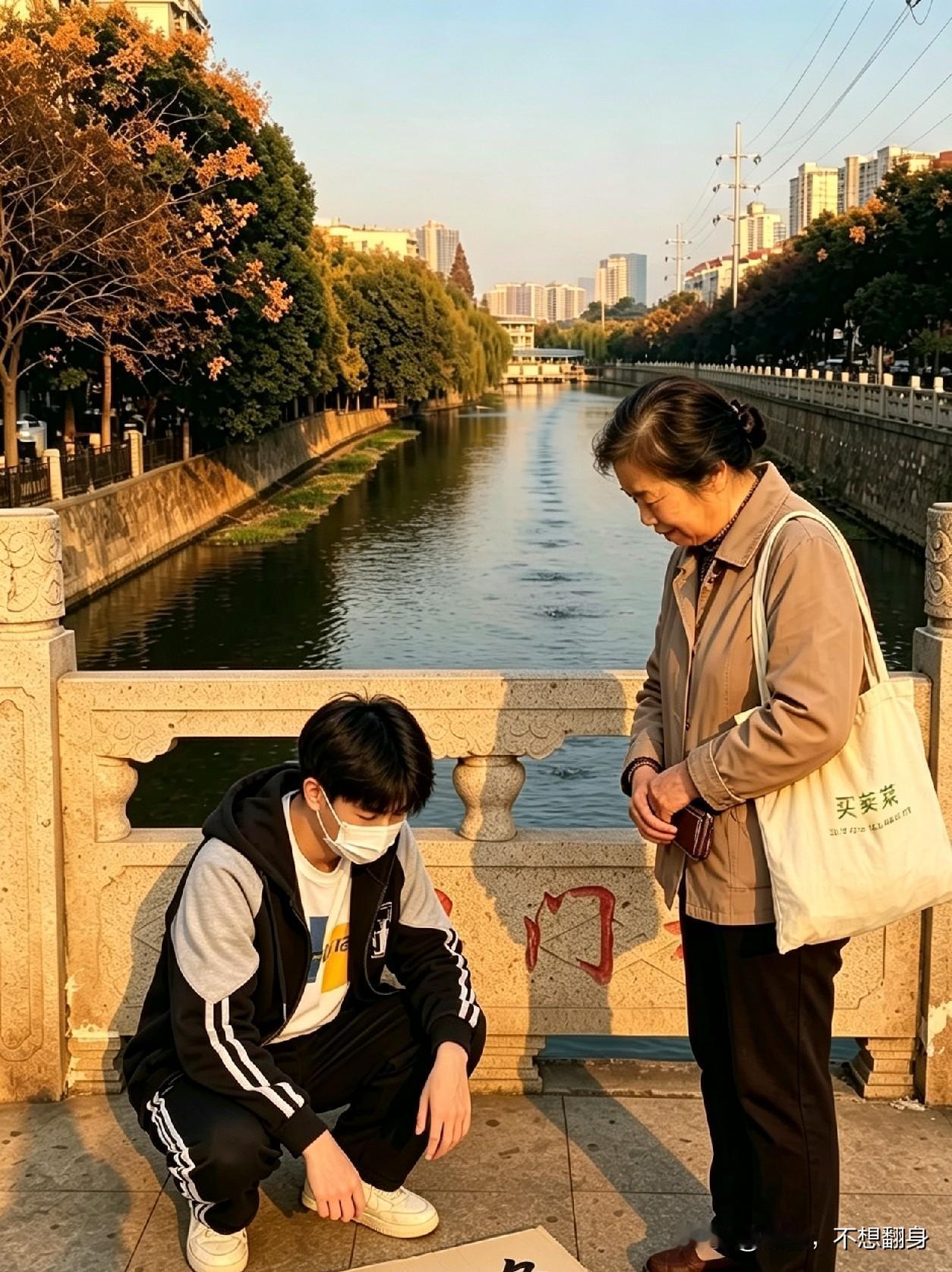 谁说如今没有乞丐，只是他们更会演了。

今天出门买菜，在金川桥上，就看见一个年轻