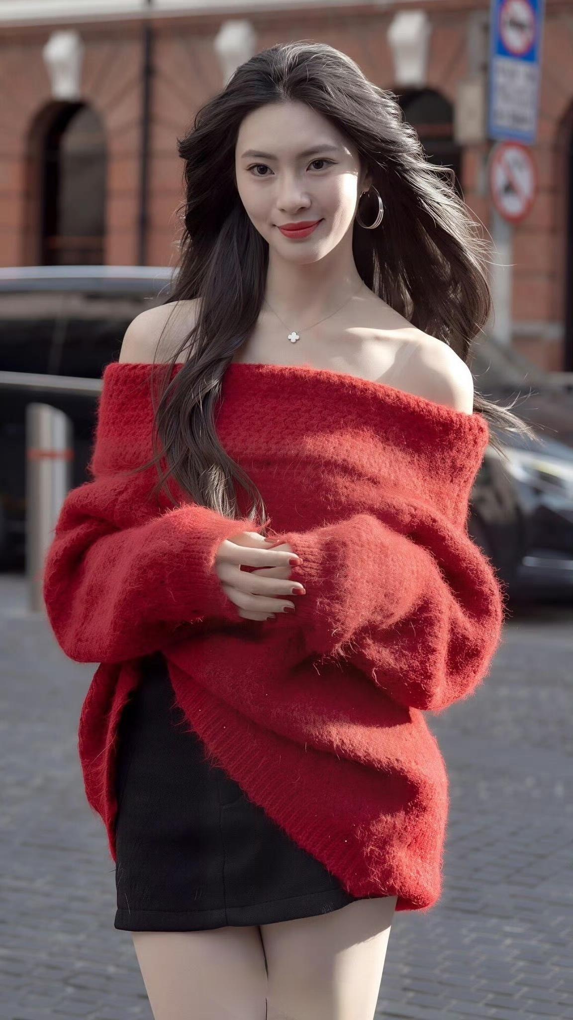 宽松的版型自带慵懒松弛感，一字肩设计露出精致锁骨，柔糯的马海毛质感让红色多了几分