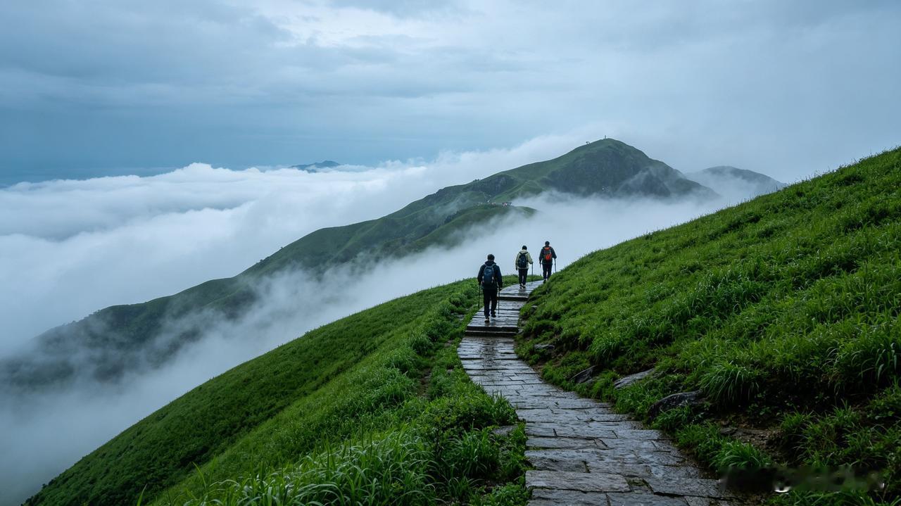 武功山最绝的当属十万亩高山草甸。绵延千里的青绿草甸铺满千米山脊，没有杂乱的林木遮