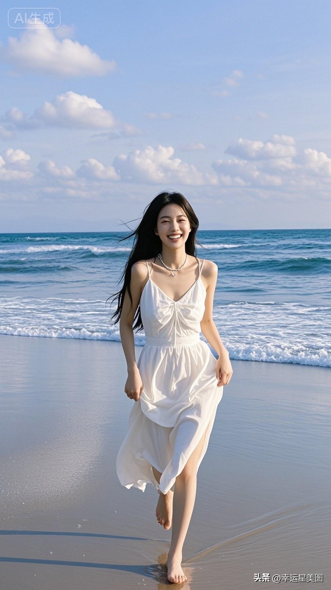 海边漫步，白色长裙飘逸，享受海风拂面的自由时光。🌊👗💙