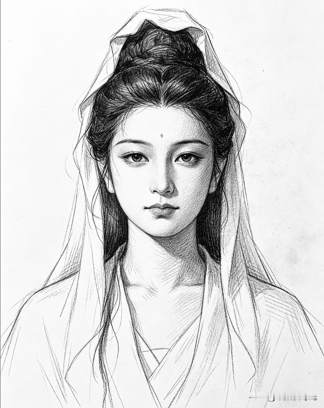 素纱覆青丝，眉目藏清宁，一身温婉尽是古风温柔。丨郭小O临摹素材分享 临摹素材
 