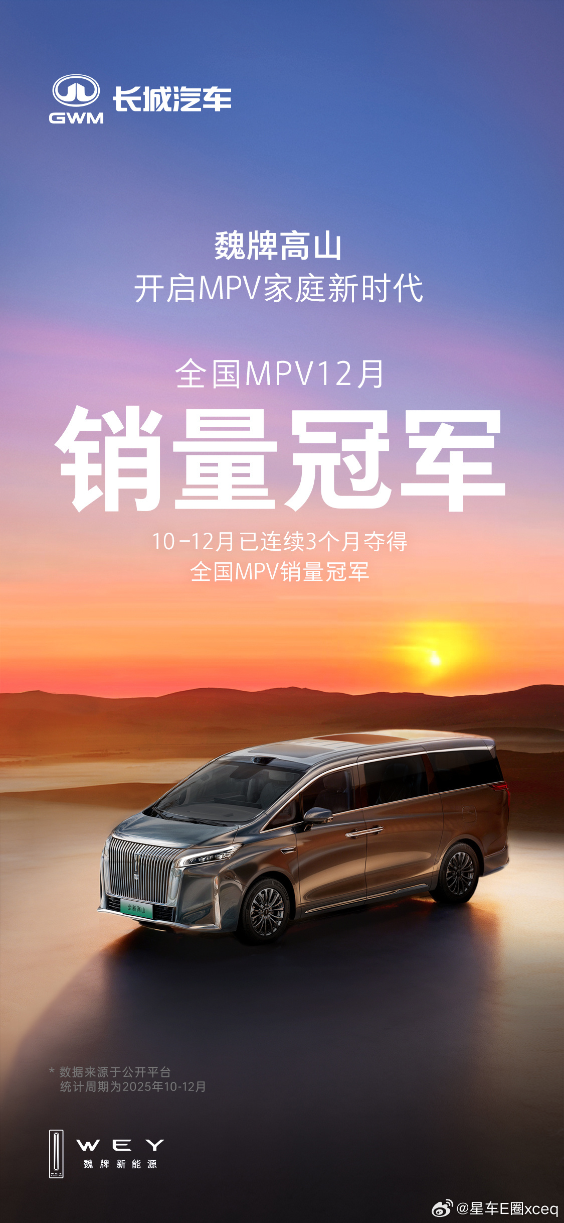 实至名归！魏牌高山12月再获全国MPV销量冠军，10-12月连续三个月蝉联第一。