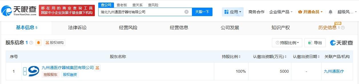 九州通在湖北成立医疗器材公司注册资本5000万
天眼查App显示，近日，湖北九州