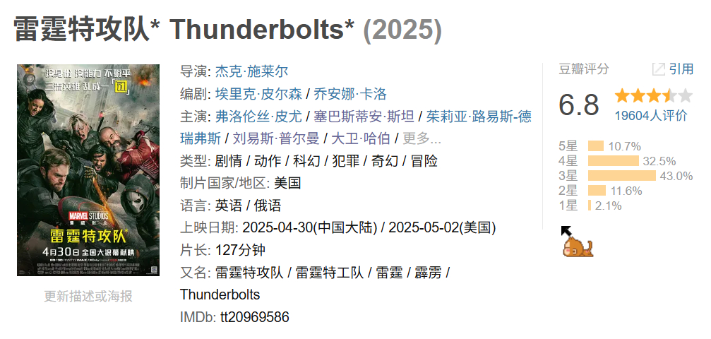 雷霆特攻队豆瓣开分6.8！成为MCU第四和第五阶段评分第三高的影片！不容易啊~~