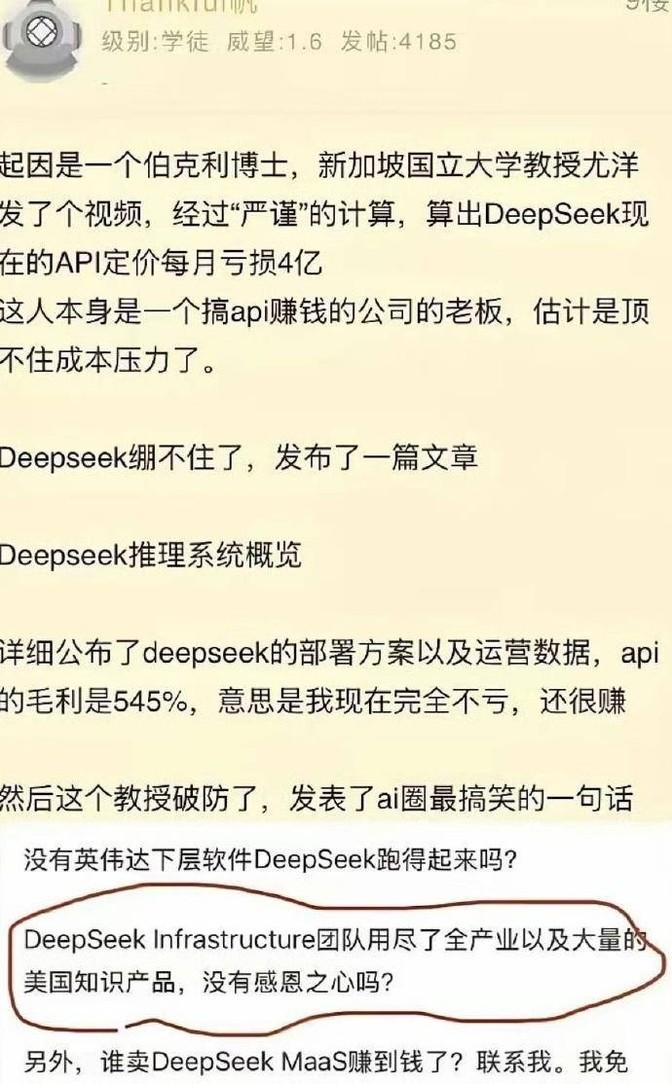 有个新加坡的大学老师说DeepSeek团队得谢谢美国，理由是他们用了好多美国的知