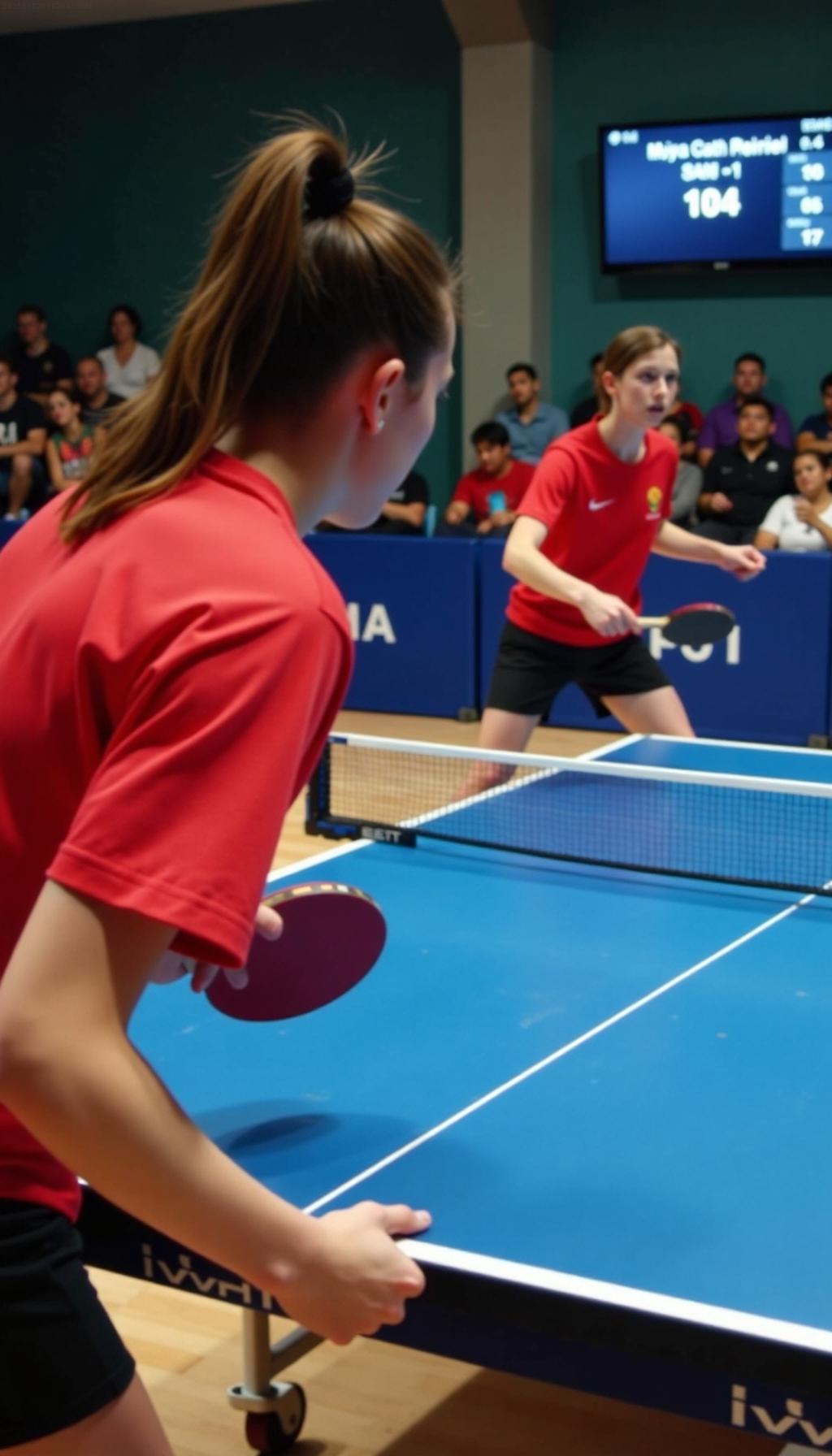 乒乓球运动员专注练习，握拍姿势精准，快速挥拍击球，动作流畅，室内乒乓球馆光线明亮