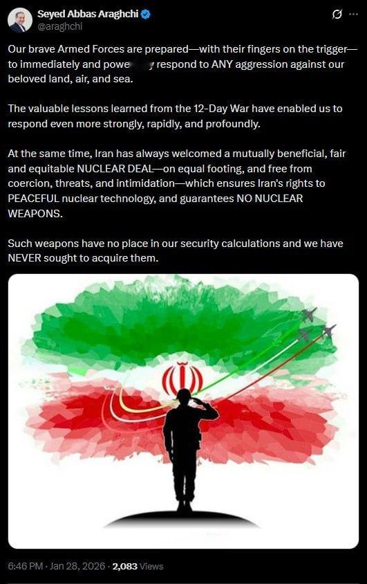 伊朗外交部长阿巴斯·阿拉格奇：我们英勇的武装力量已严阵以待——手指扣在扳机上——