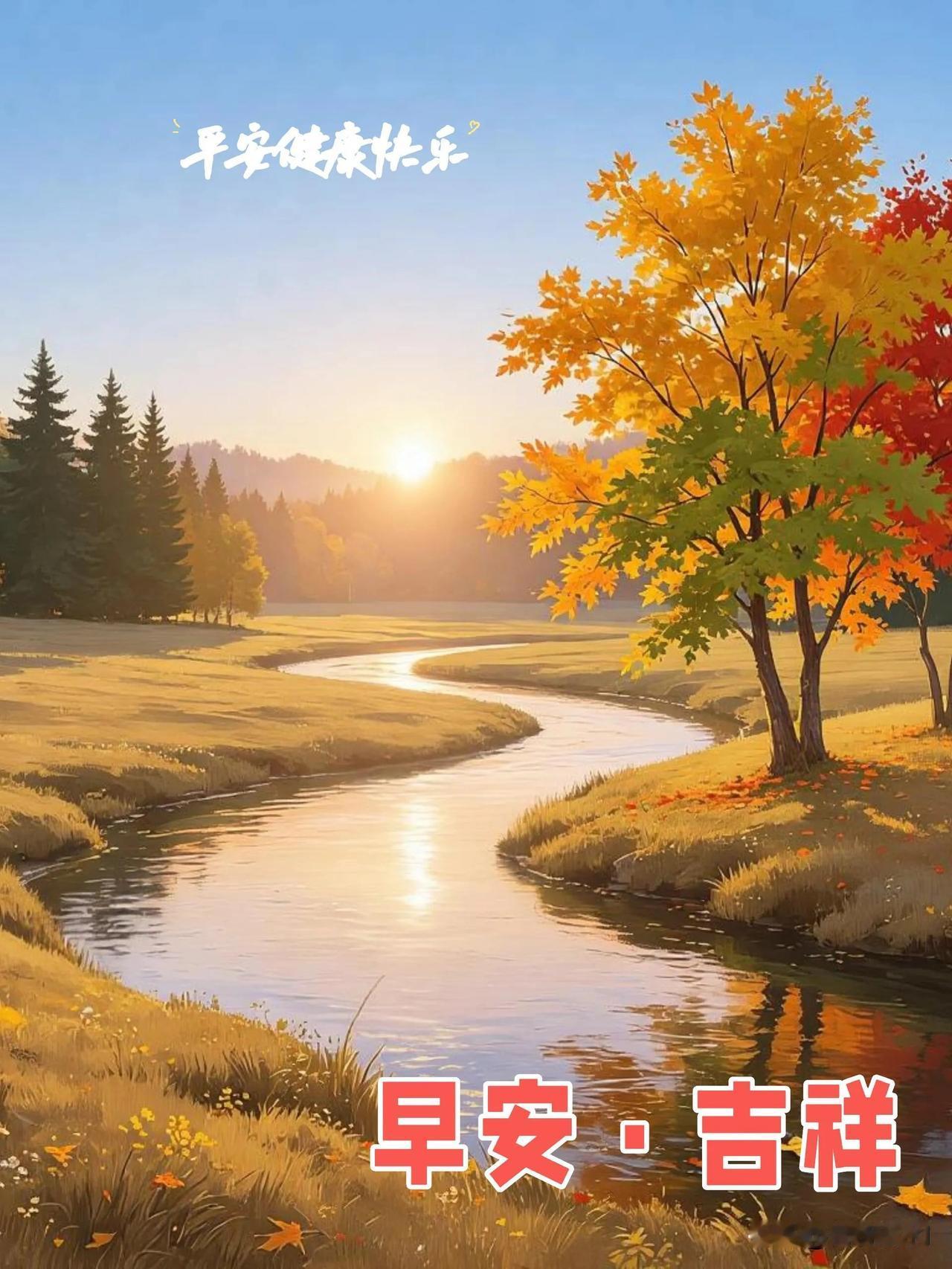 朝阳照溪畔，秋景暖心房，早安吉祥，平安健康快乐