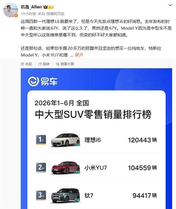理想i6上半年销量强势破12万辆，斩获中大型纯电SUV销冠📊 销量与市场表现：