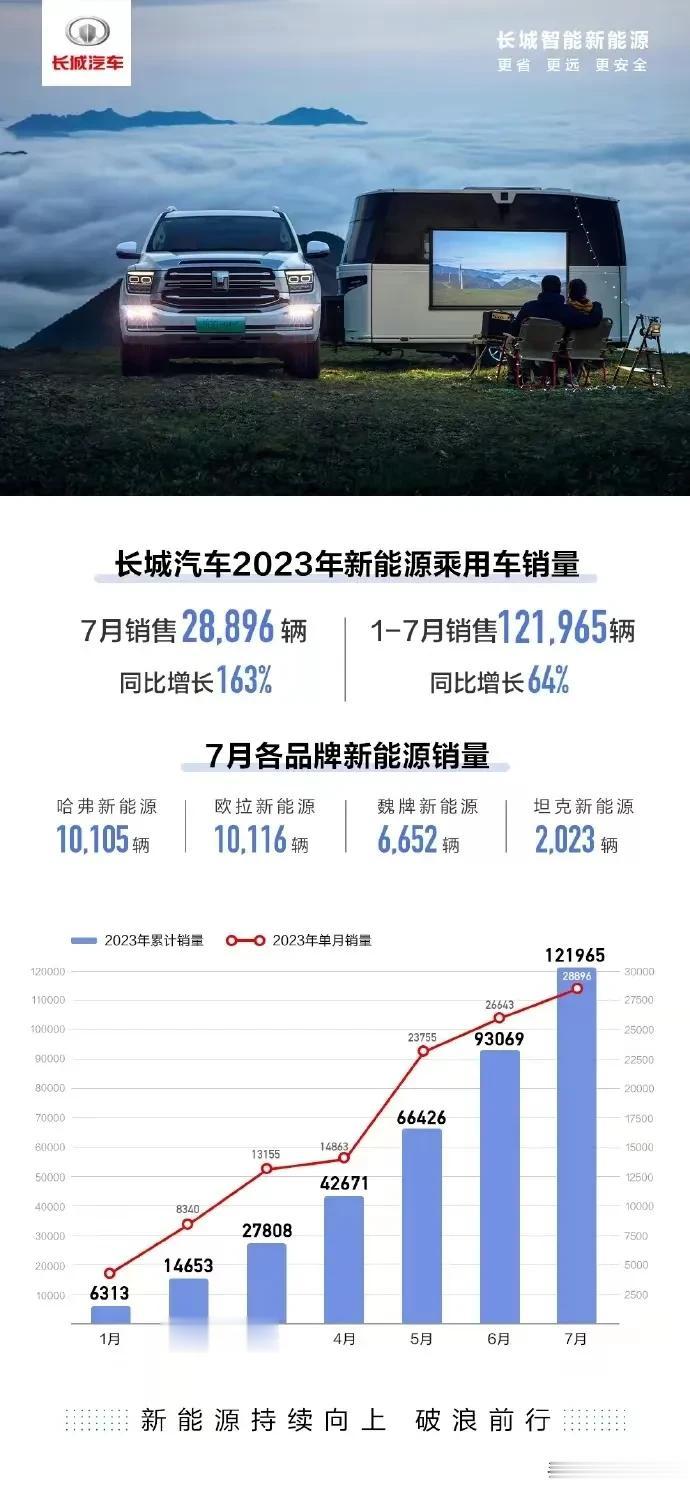 7月长城汽车新能源销量28896辆，同比暴涨163％，1-9月累计销售12196