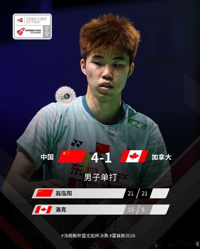 2026年汤尤杯小组赛（中国 VS 加拿大）🔥 
翁泓阳 21-15, 21-