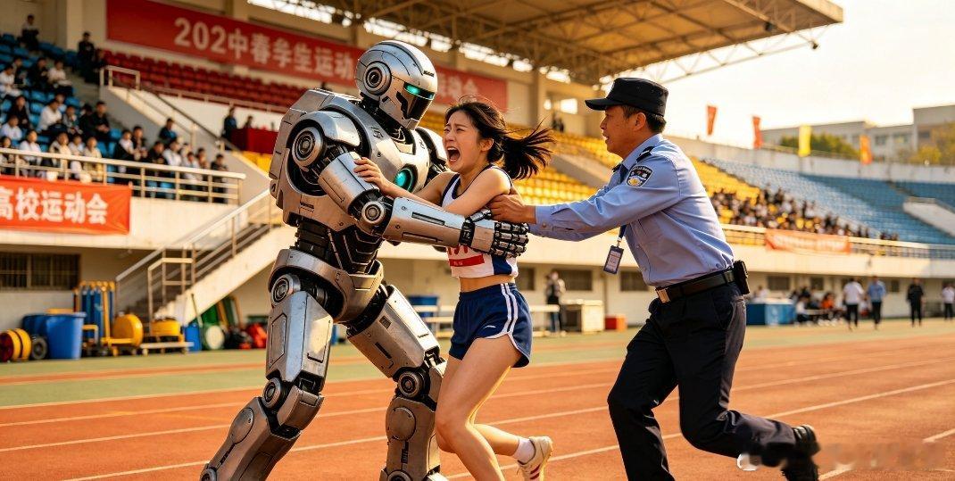 高校演出机器人突然拥抱女生机器人还得优化高校校运会表演现场，机器人跳舞时突然一把