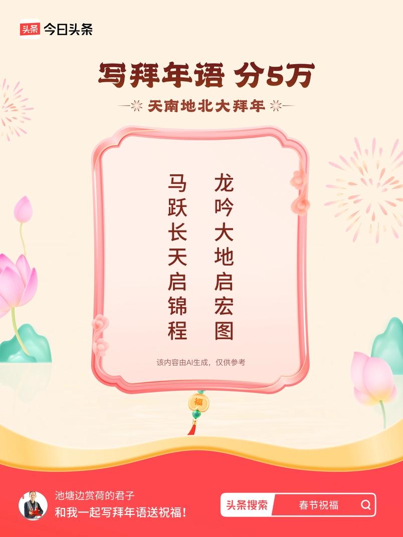 写拜年语送祝福新春拜年送祝福！我的祝福是：“马跃长天启锦程，龙吟大地启宏图”！快