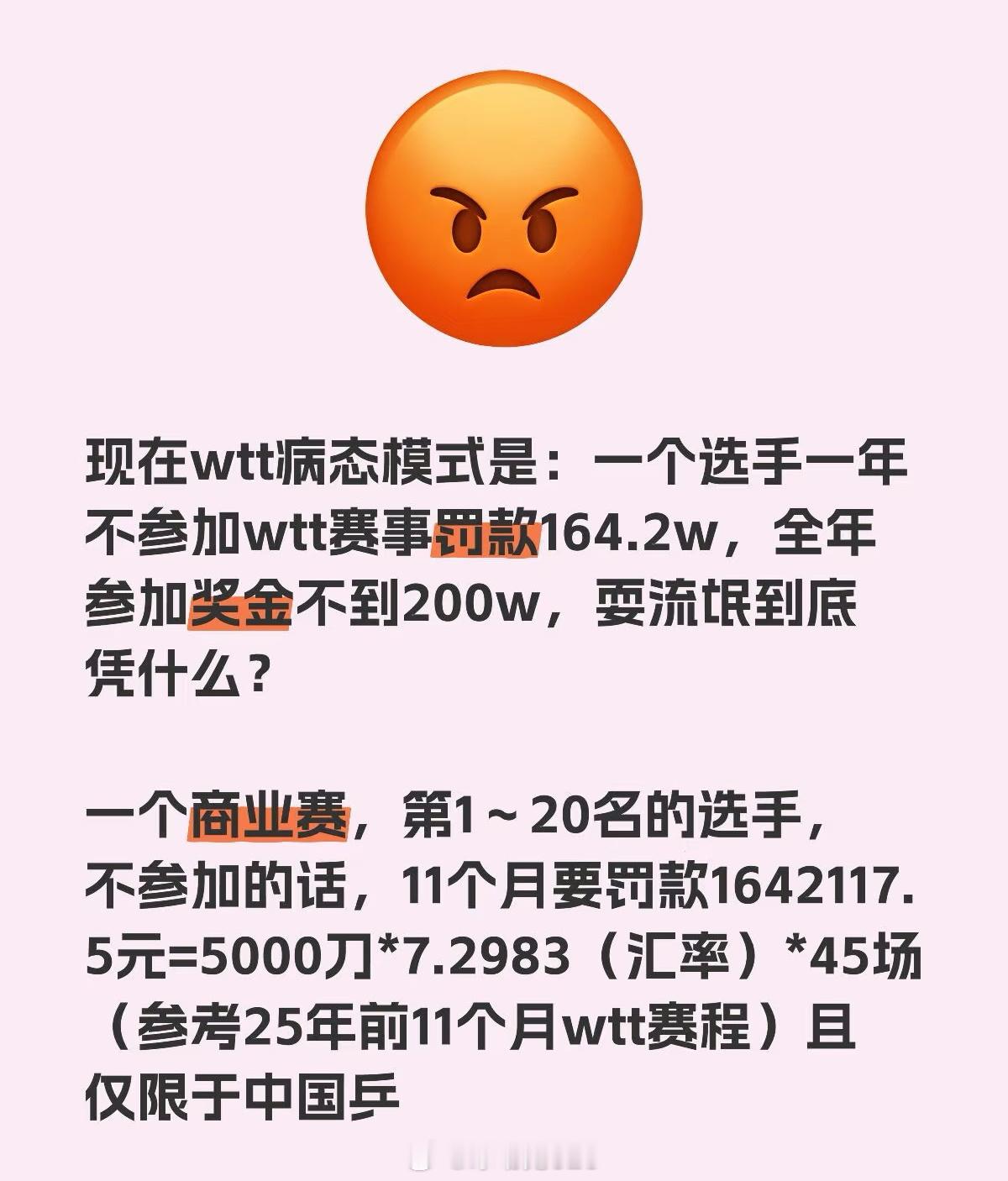 选手全年不参加WTT要罚款164万 现在wtt病态模式是：一个选手一年不参加wt