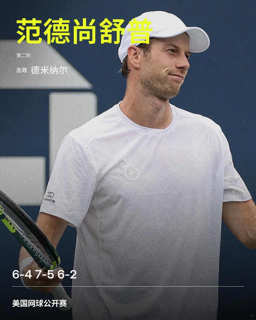 德米纳尔止步第二轮美网2026 男单第二轮，范德尚舒普直落三盘，以6-4 7-5