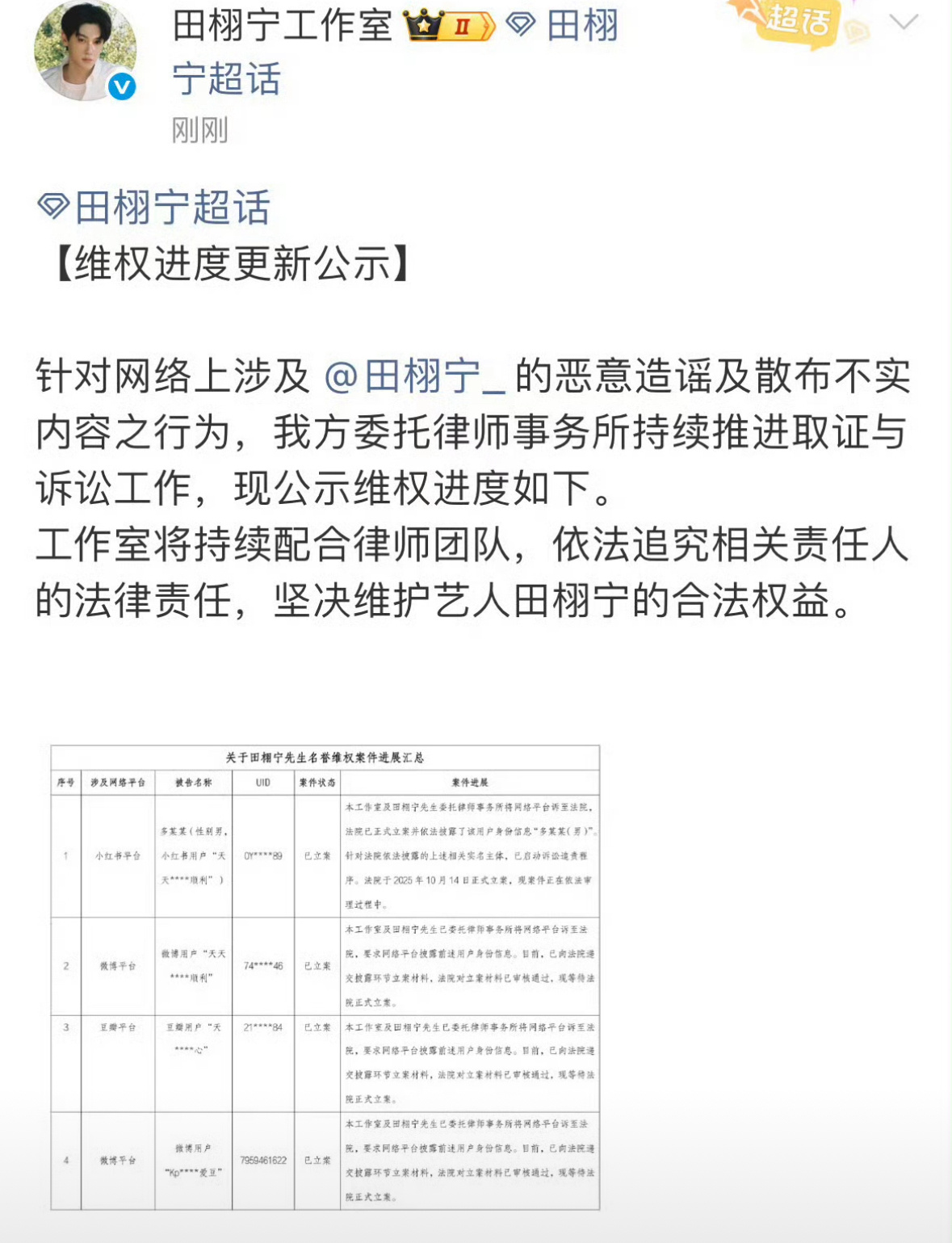 田栩宁工作室发布了告嘿声明没告拍他和女生同框的狗仔也没出来回应…. ​​​