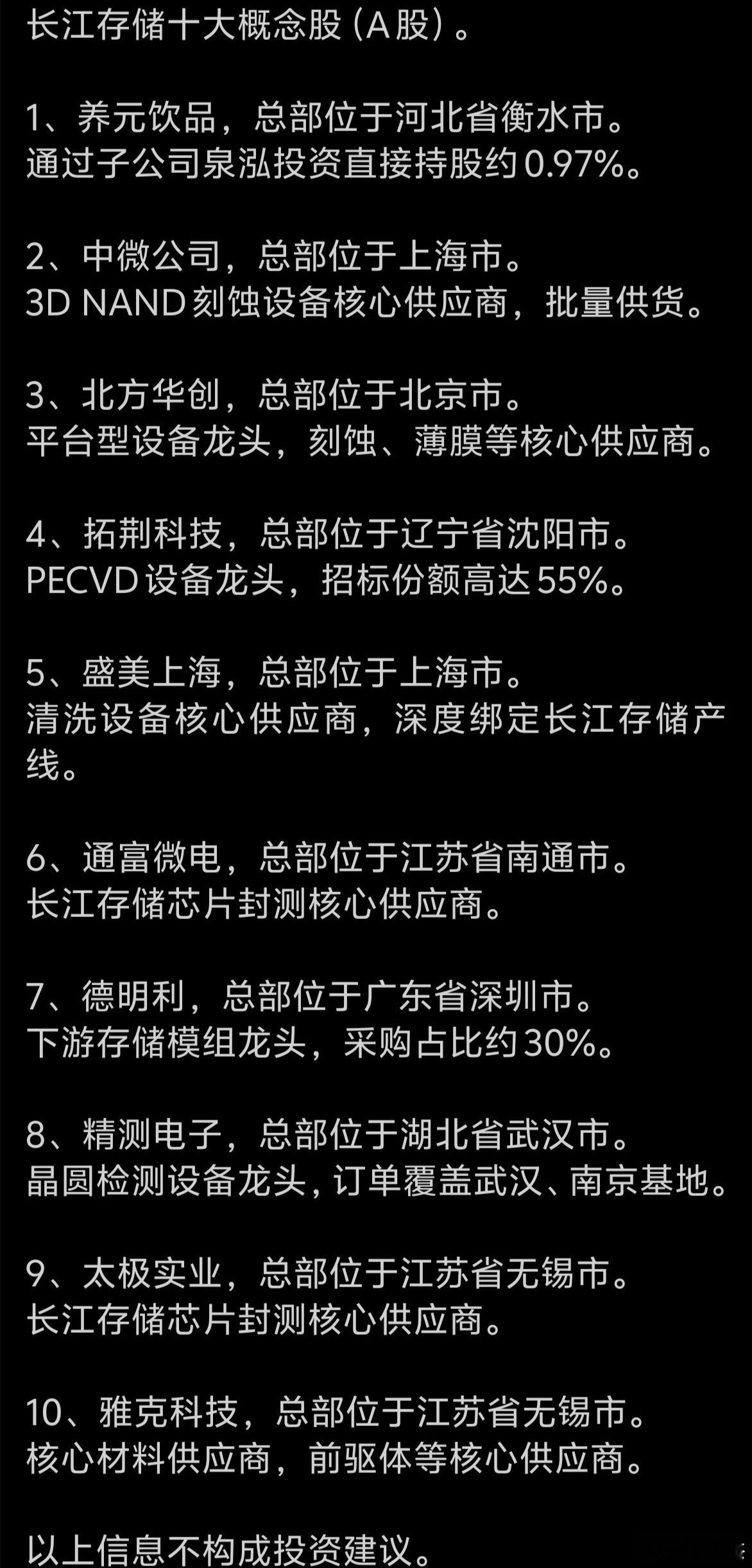 长江存储十大概念股(A股）。仅供参考，不作为买卖依据。 